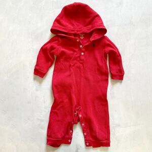 Ralph Lauren Preppy Baby Academia Red Waffle Knit‎ Hooded Henley Romper 9M